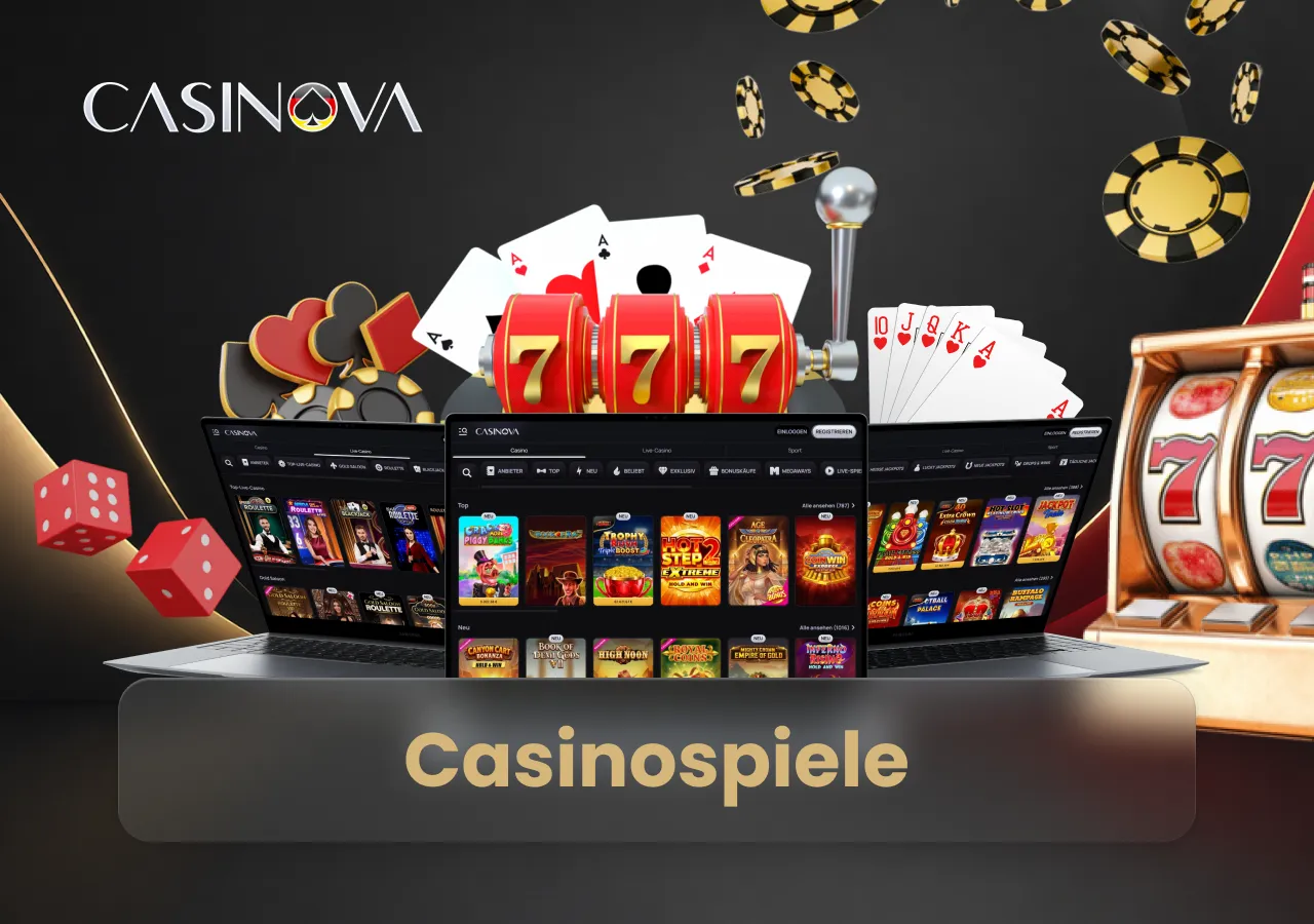 Mehrere Laptops zeigen die Auswahl verschiedener Slots und Casinospiele für unterschiedliche Vorlieben.