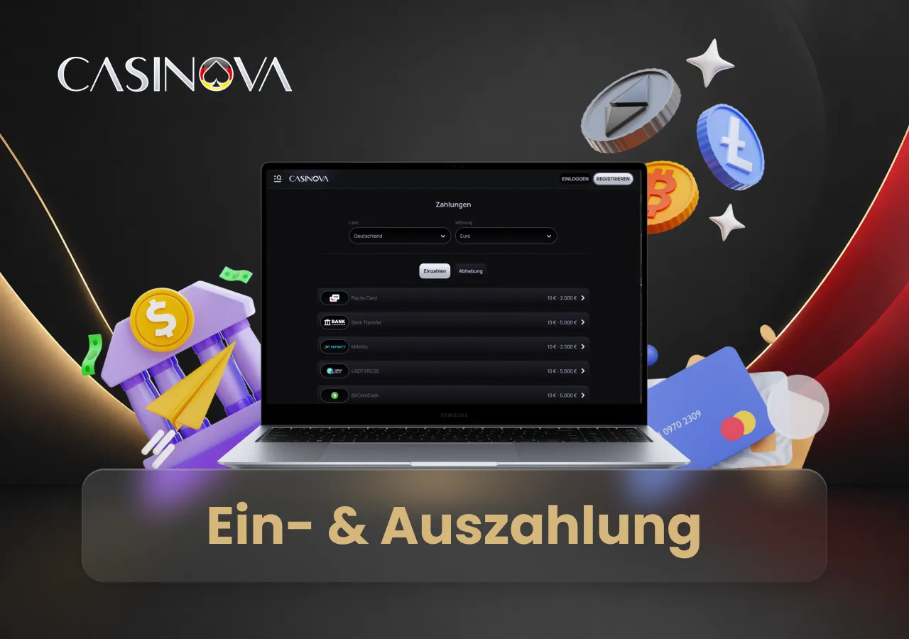 Der Laptop zeigt verfügbare Zahlungsoptionen für Einzahlungen und Auszahlungen in Euro.